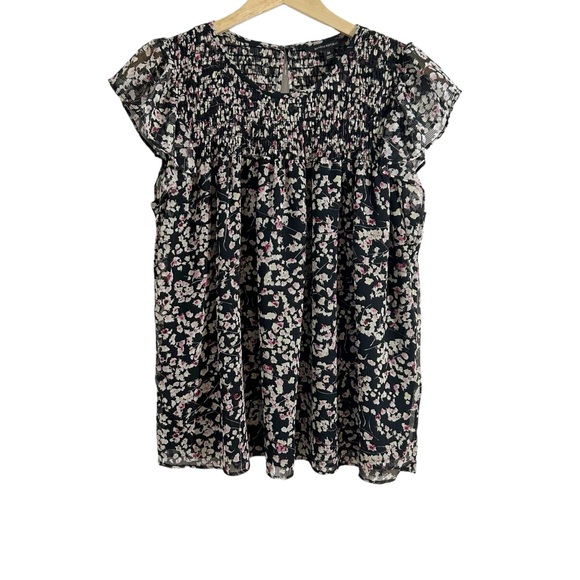 Banana Republic Medium Black Micro Floral Striped Smocked Ruffle Blouse - Picture 2 of 11